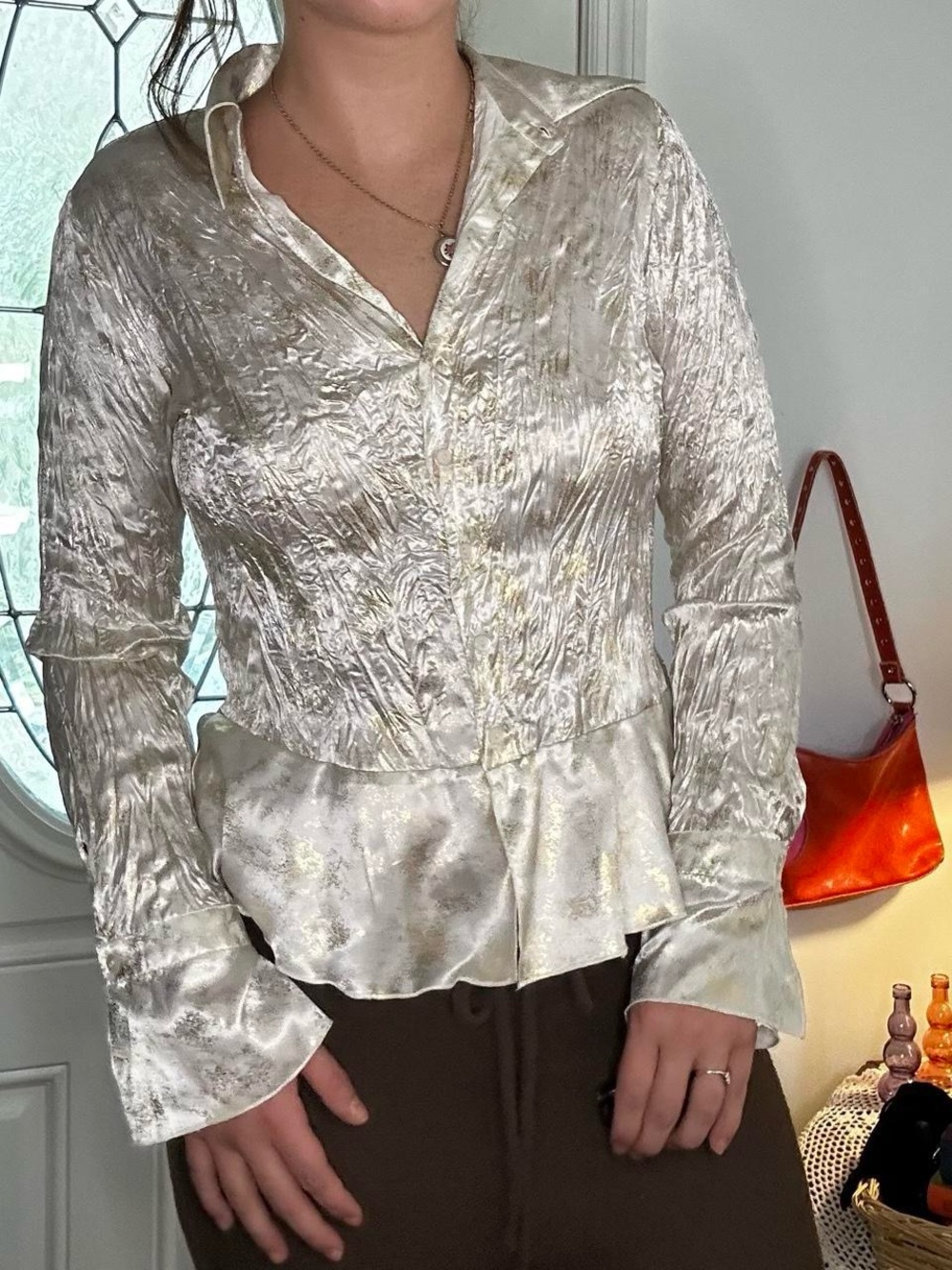 Allison Taylor Pearl Crushed Satin Peplum Button-Down Blouse